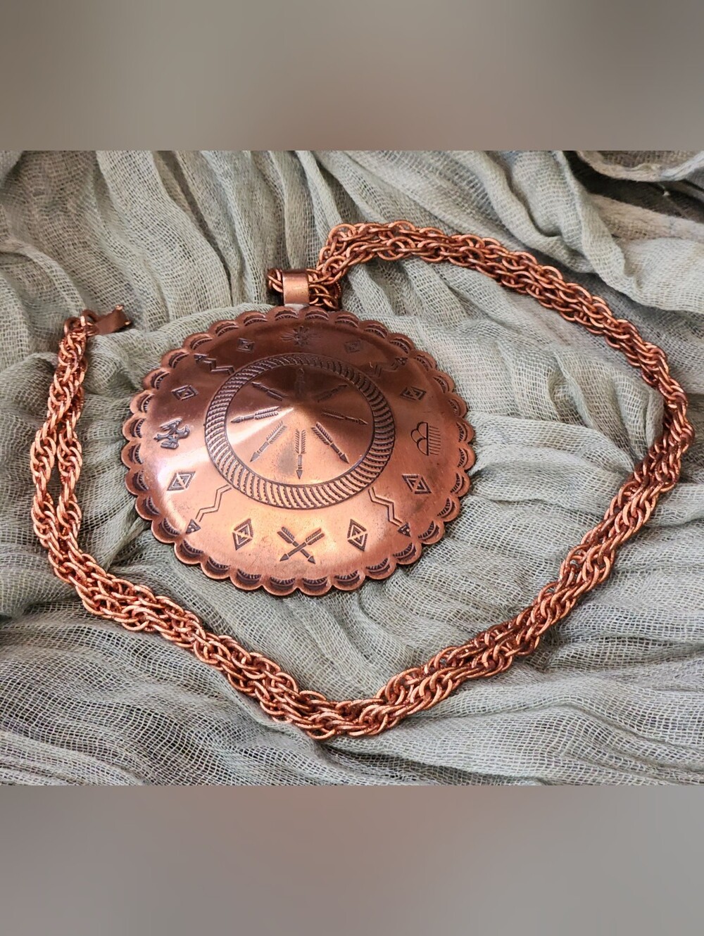 Vintage Bell Trading Post Style Copper 2" Medallion Shield Necklace Southwestern - Picture 8 of 16